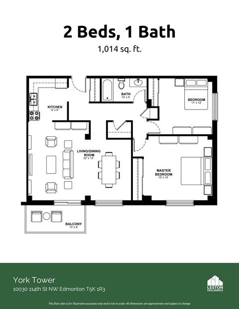 Floor plan for 2 beds, 1 bath, 1028 sqft